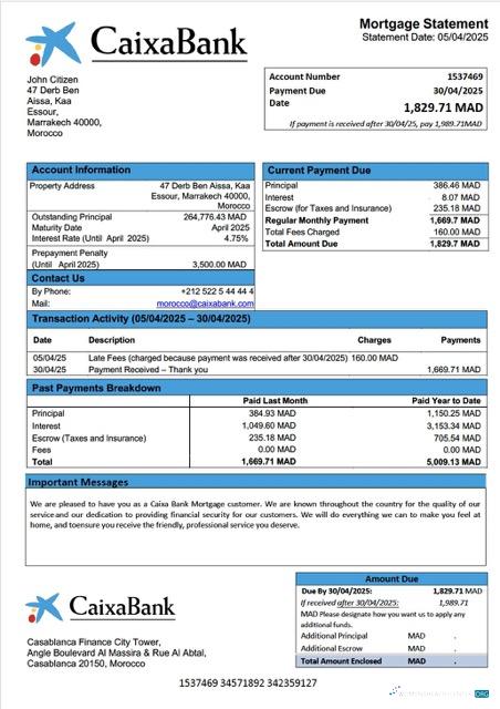 Download Morocco Caixa Bank mortgage statement Word and PDF template Photoshop template